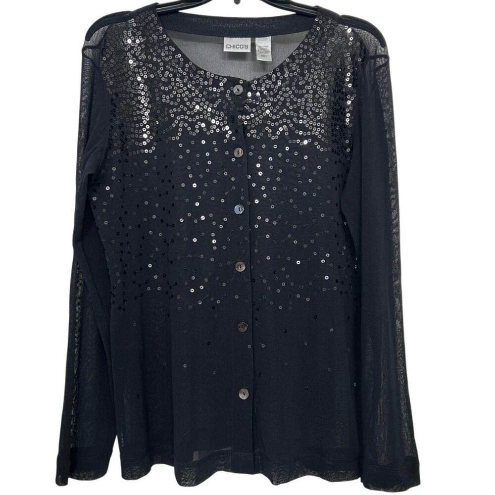 Chico’s Black Sheer Sequin Button Front Blouse Size 2 Large Dark Romantic Glam